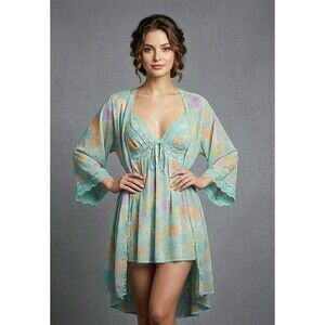 VTG Cinema Etoile Seductive Wear L 2pc Babydoll Robe Set Floral Sheer Lace Sexy